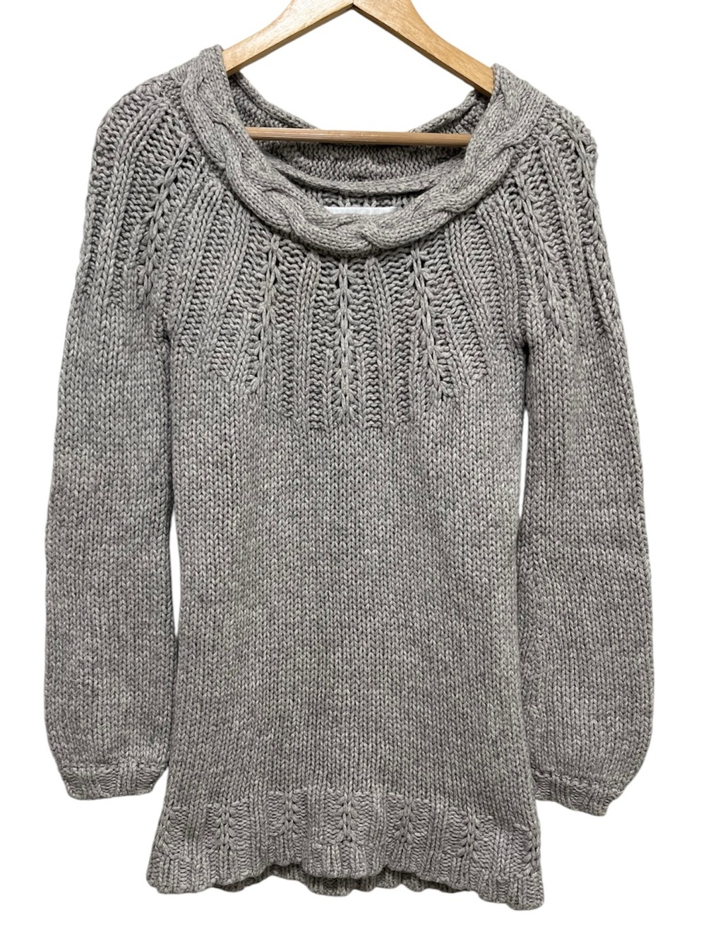 Vintage Y2K Gray Knit Longline Sweater Braided Cowl Neckline Textured Yoke S